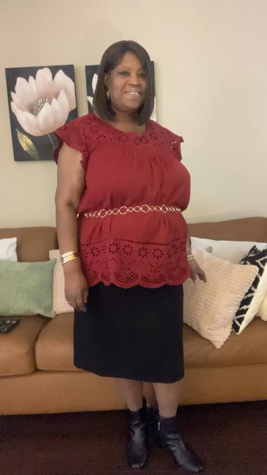 Beautiful  burgundy or wine blouses with black skirt and gold chain belt. This look is so comfortable and pretty.

#LTKPlusSize #LTKOver40 #LTKootd