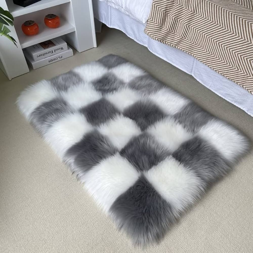 2×4 Area Rug for Living Room, Grey and White Fluffy Shag Fuzzy Plush Soft Checkered Rugs for Bed... | Amazon (US)