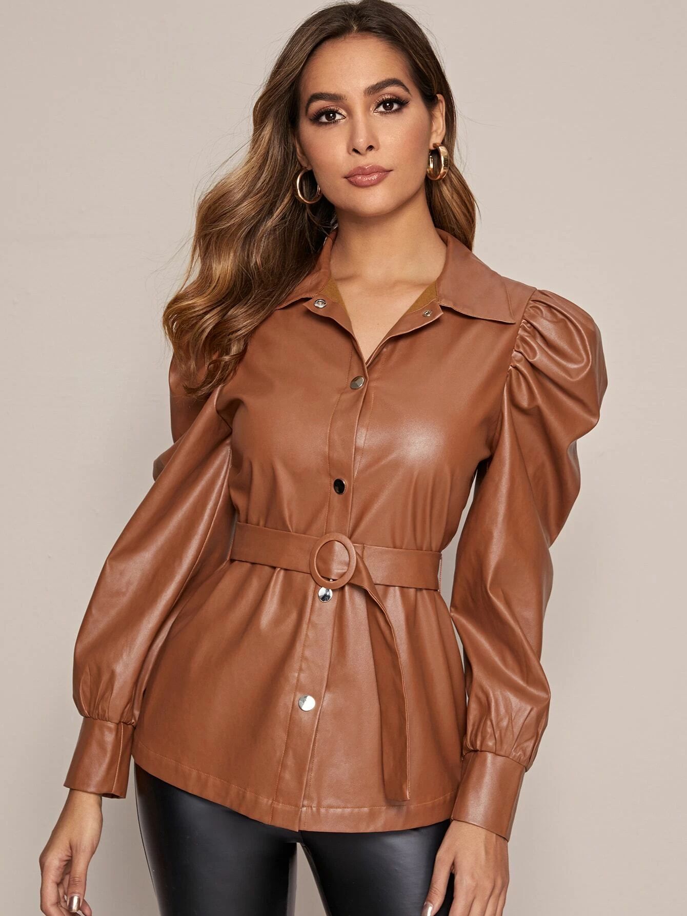 SHEIN Gigot Sleeve Belted PU Leather Jacket | SHEIN