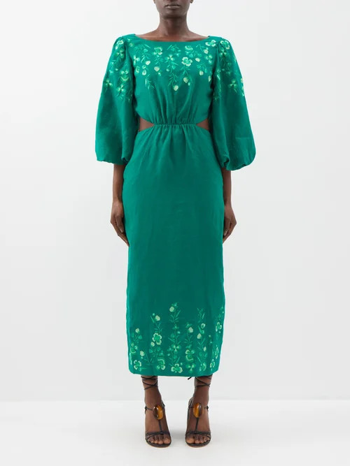 Saloni - Neelam Floral-embroidered Cutout Linen Dress - Womens - Dark Green | Matches (UK)