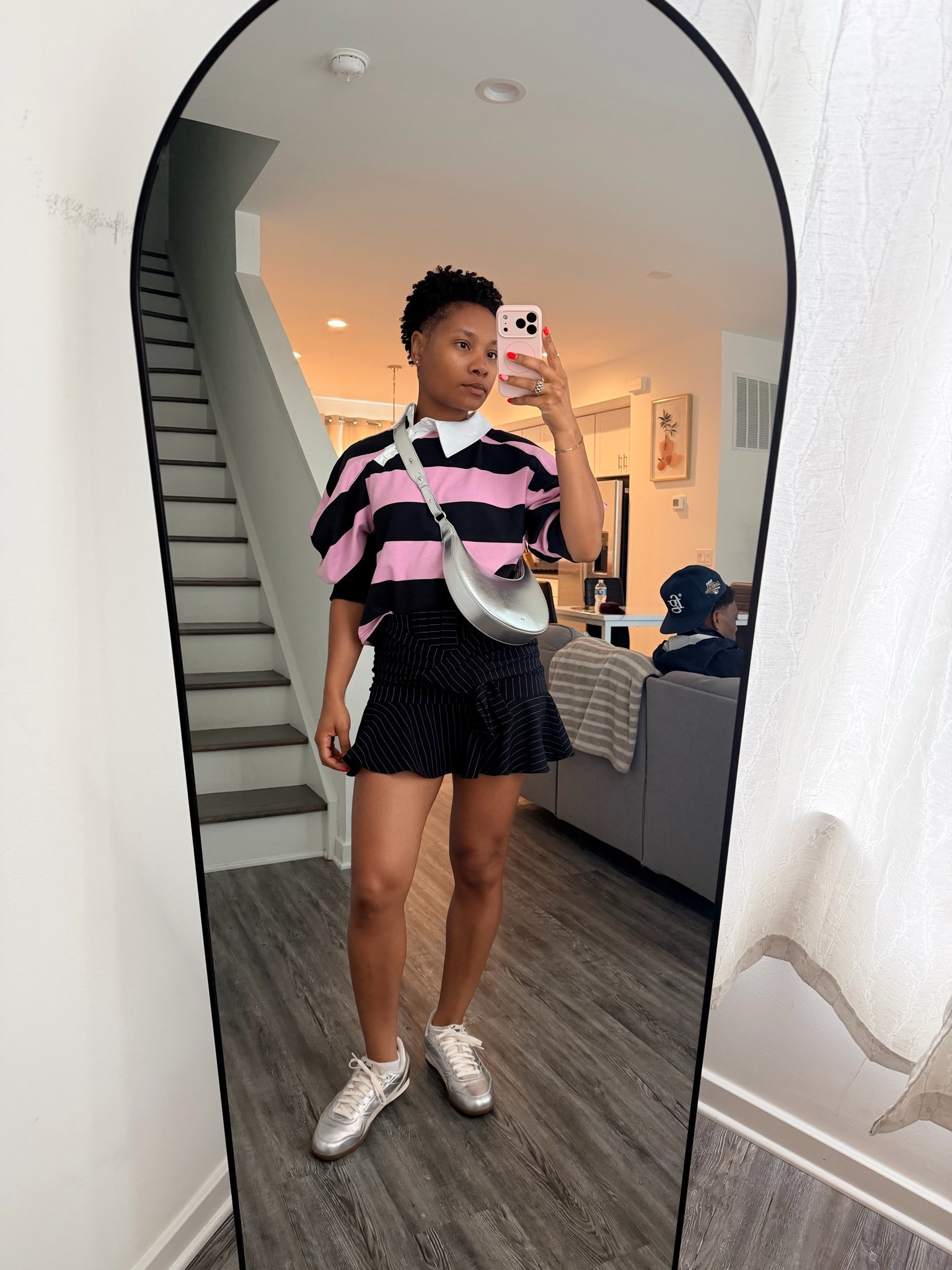 What I wore for Saturday brunch: I’ve been loving this outfit combo 🙂‍↕️ T-shirt, pinstripe skirt and silver sneakers with a matching bag! 

This shirt is sold out but I sourced some similar options!

#LTKootd #LTKgrwm #LTKdayinmylife