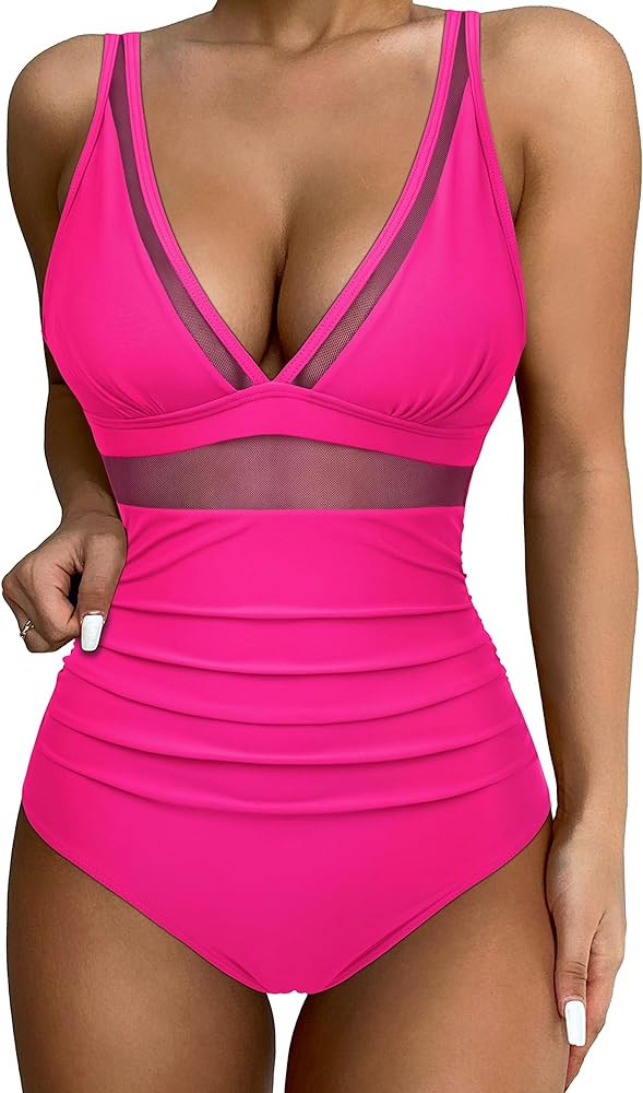 SUUKSESS Women Sexy Mesh Tummy Control Swimsuit Push Up High Waisted Bathing Suit | Amazon (US)