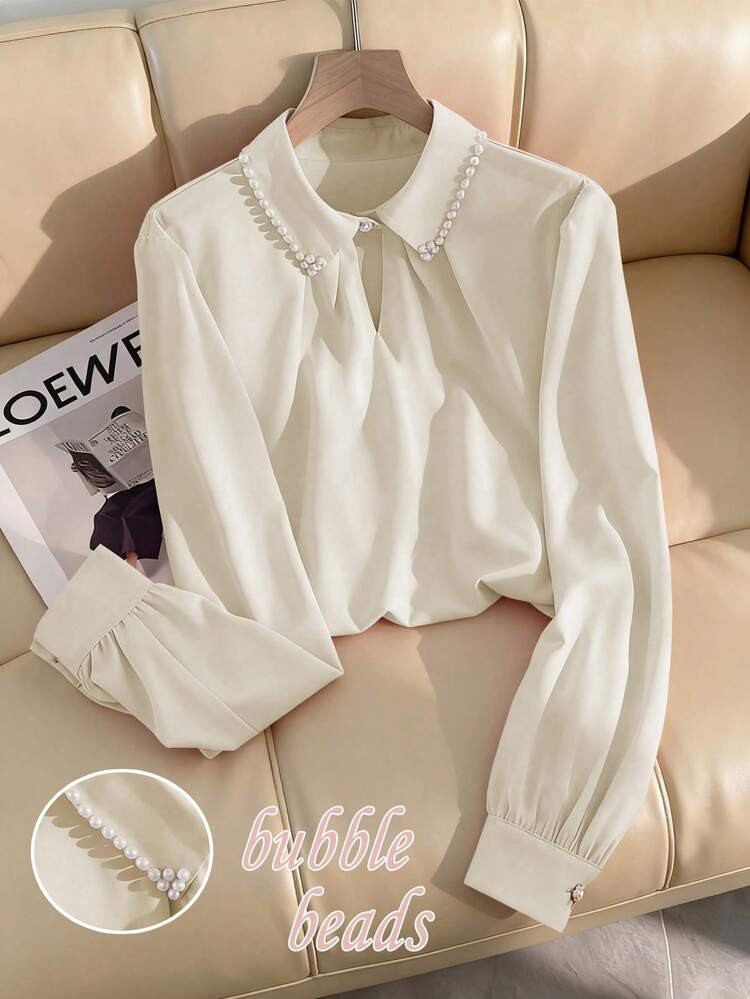 Franclia Women's Solid Color Collar Decorated With Small Pearls Long Sleeve Shirt, Pink, Autumn Tops Cute Cottagecore Clothes Petite Clothes Cute Blouses Bow Clothes | SHEIN