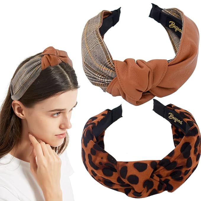 Leopard Knotted Headbands for Women, BEGOOD Headbands for Women PU Plaid Headband Wide Knot Headb... | Amazon (US)