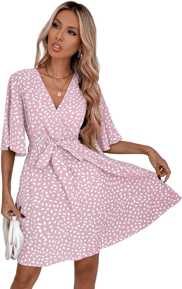 Romwe Women's Short Sleeve V Neck All Over Print High Waist A Line Summer Short Dress | Amazon (US)