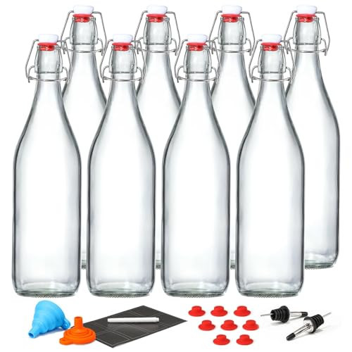 8 Pack [1 L / 33 fl. oz.] Swing Top Glass Bottles w/ Airtight Stopper Lids – Flip Top Brewing Bottle for Fermentation, Kombucha, Mead, Vinegar, Beer, Kefir, Wine, Soda – With 8 Extra Seals & 2 Pourer | Amazon (US)