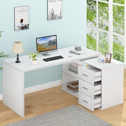 HSH White L Shaped Desk with Drawers Shelves, L Shaped Computer Desk with Storage Cabinet, Corner... | Amazon (US)