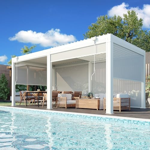 EROMMY 10x20 Louvered Pergola with Side Pull-Down Screen, Outdoor Aluminum Pergola with Thickened Frame and Adjustable Metal Rainproof Roof for Deck Patio Garden Yard, White | Amazon (US)