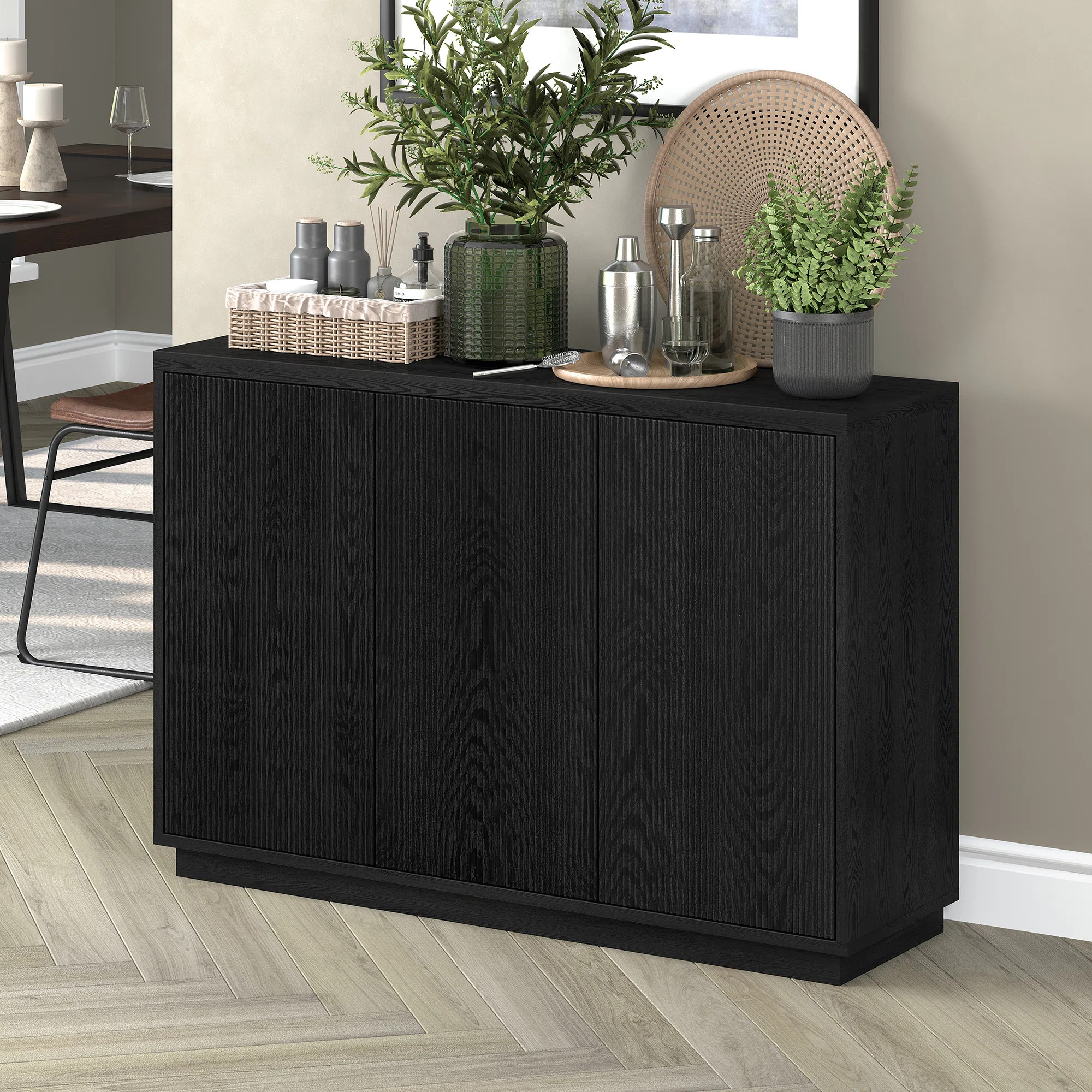 48" Fluted Buffet Table with Adjustable Shelves & Cable Management — Black Grain Transitional Sideboard for Dining Room | Alston | Wayfair North America