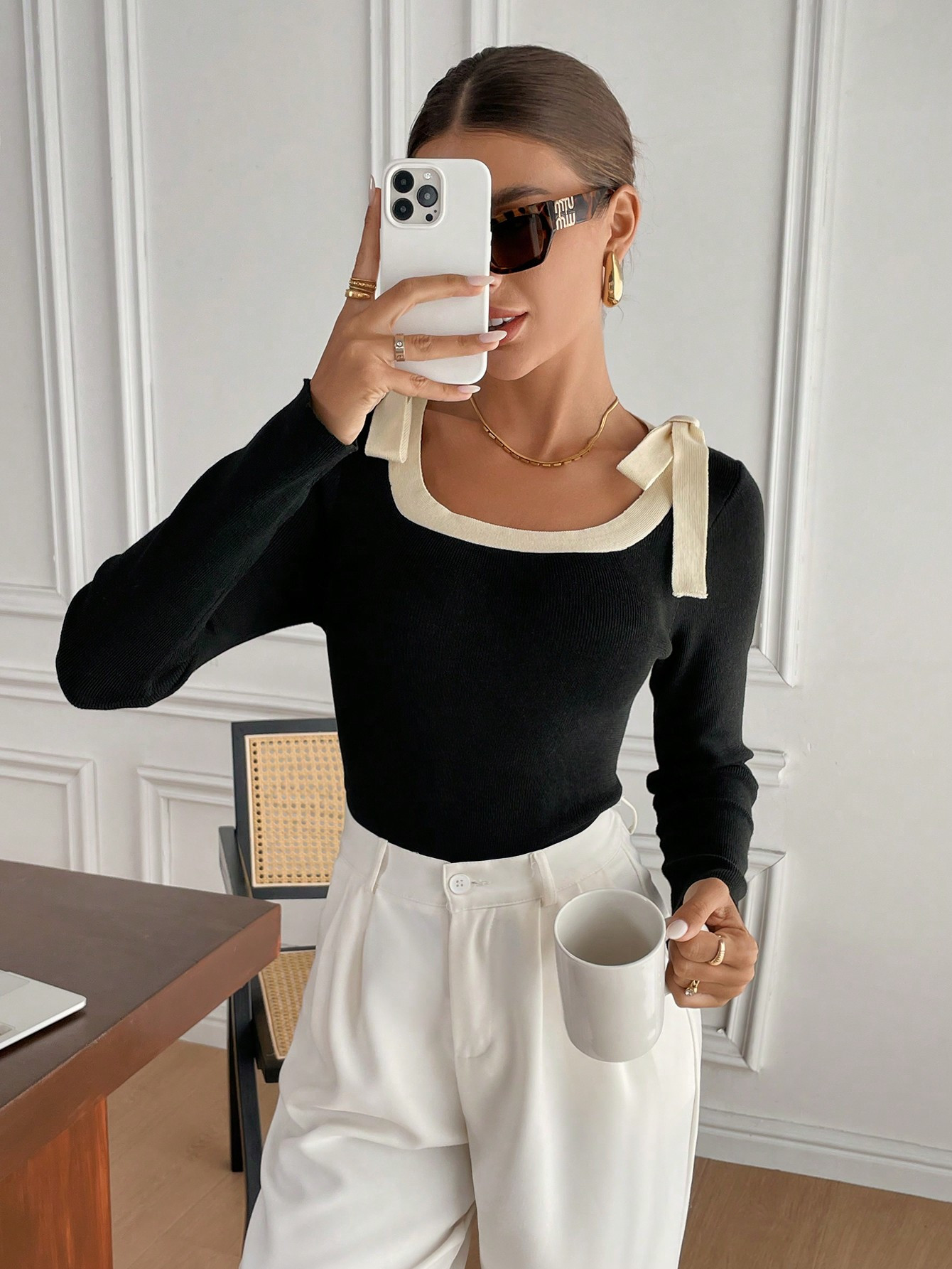 SHEIN Frenchy Women' Contrast Color Tie Front Long Sleeve Sweater,Black Sweater,French Clashing B... | SHEIN