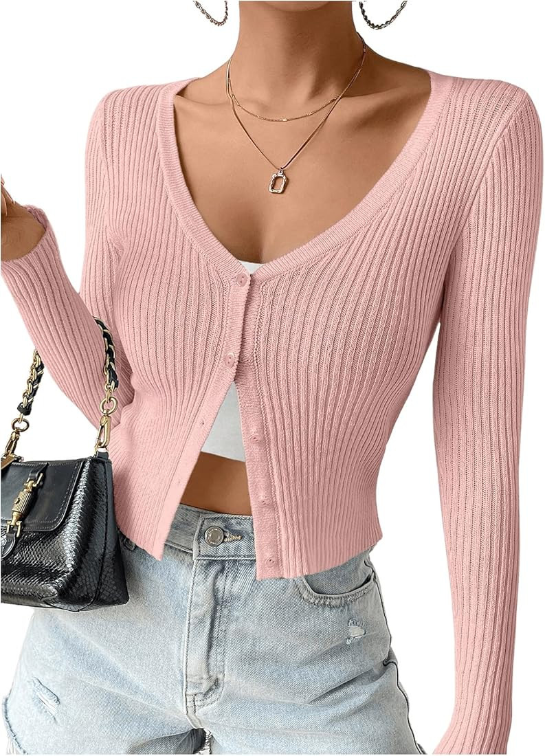 SHENHE Women's Ribbed Knit Button Down V Neck Lightweight Cropped Cardigan Sweater | Amazon (US)