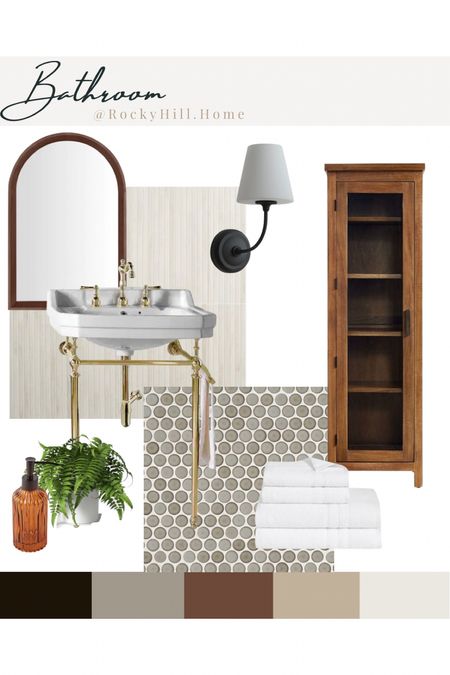 Bathroom design with a brass sink console, linen cabinet, gray taupe penny tile, white ribbon bathroom wall tile, shower tile, luxury bath towels, walnut mirror, black bath sconce 

#LTKstyletip #LTKhome