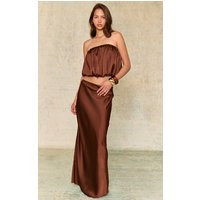 Chocolate Brown Satin Mid Rise Maxi Skirt | PrettyLittleThing US