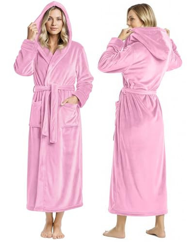 NY Threads Premium Womens Robe with Hood, Plush Fleece Long Bath Robe for Women, Fluffy Soft Women's Bathrobe, Medium, Pink | Amazon (US)