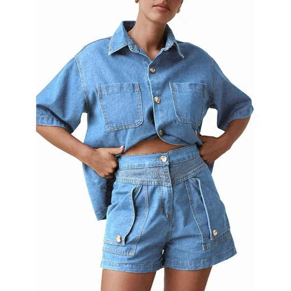 Womens 2 Piece Outfits Short Sleeve Button Down Crop Blue Jean Shirts High Waist Denim Shorts Set... | Walmart (US)