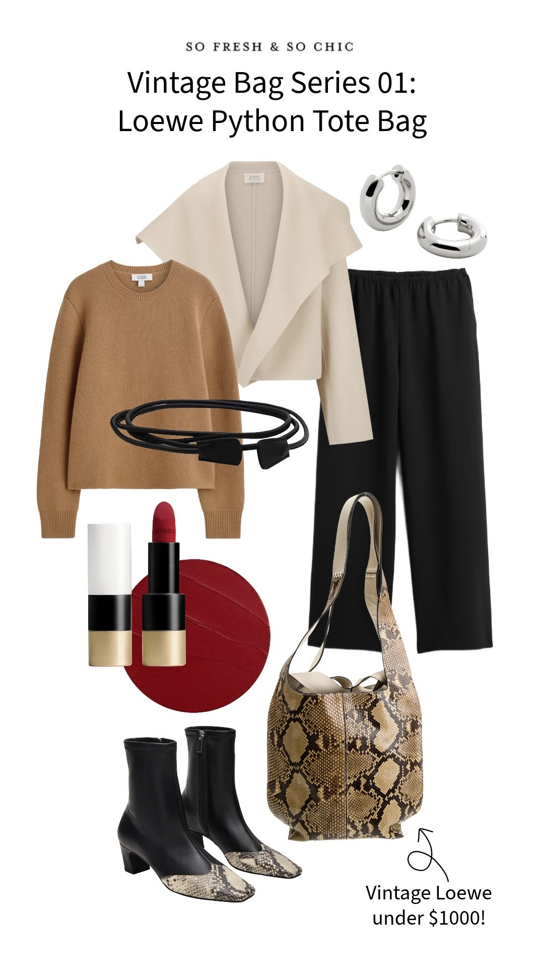 How to style this gorgeous two sided python and ivory leather vintage bag from Loewe!
/
The real real finds - vintage purse - Loewe vintage tote bag - wide leg pants gap - wide collar cropped jacket Dissh - brown oversized sweater - Hermes red lipstick - khaite boot dupes -  Steve Madden black leather python boots - leather rope belt Etsy finds - silver hoop earrings Monica Vinader - what to wear to work - work outfit - neutral outfit - cos merino wool sweater 

#LTKootd #LTKBeauty #LTKWorkwear