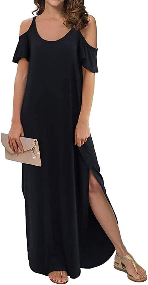 Sherosa Women's Summer Maxi Dresses Cold Shoulder Split Loose Short Sleeve Long Beach Dresses wit... | Amazon (US)