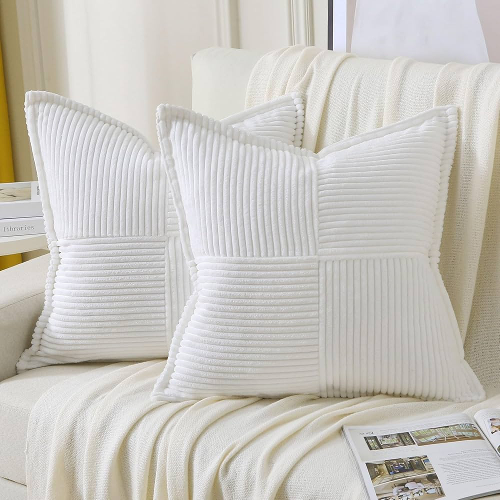 HAUSSY Pure White Throw Pillow Covers 22x22 Inch Set of 2, Soft Corduroy Solid Striped,Square Dec... | Amazon (US)