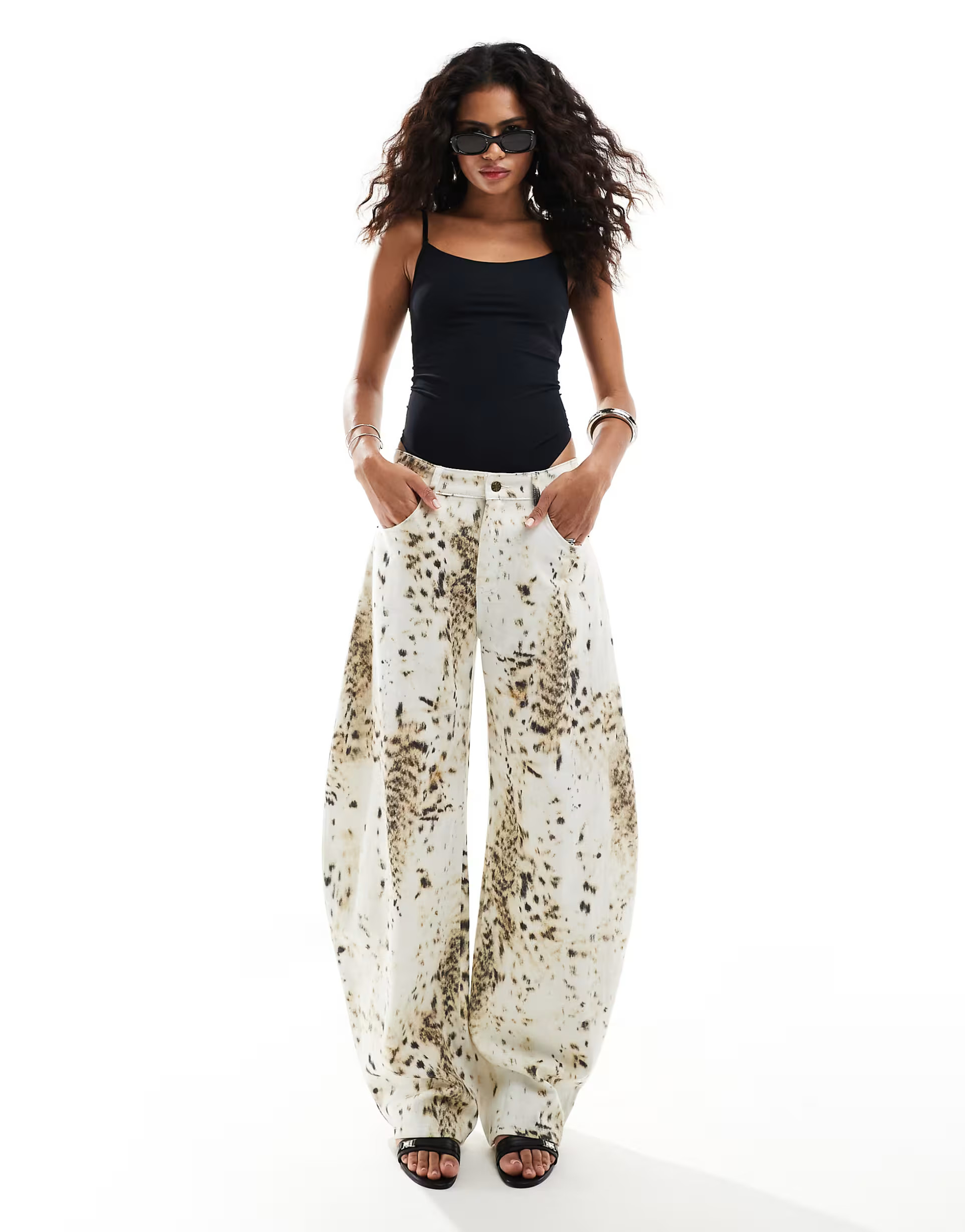 Lioness barrel leg jeans in ecru leopard print | ASOS (Global)
