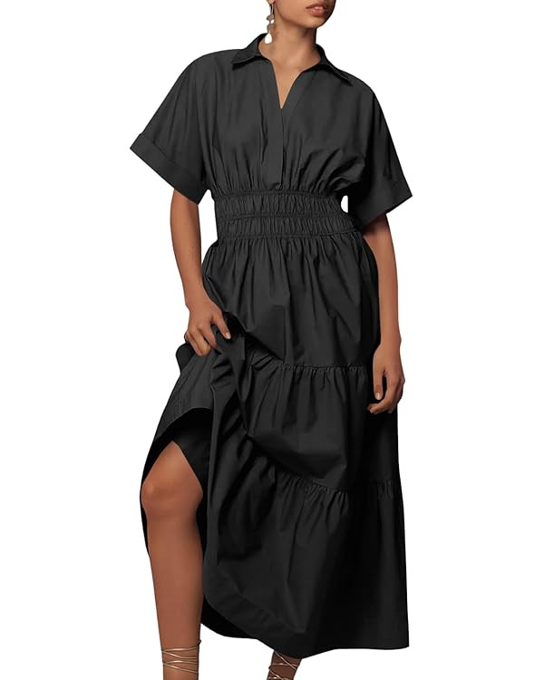 Wenrine Womens Summer Short Sleeve Maxi Dresses Casual V Neck Smocked Loose Tiered Flowy Shirt Dr... | Amazon (US)