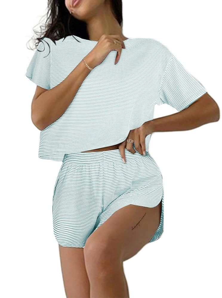 Remidoo Women's Striped Tee Shirts and Shorts Pajamas Set Side Slit Crewneck Loungewear | Amazon (US)