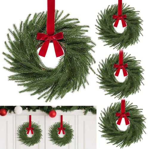 4 Pack 11 Inch Mini Christmas Wreath Small Christmas Kitchen Cabinet Wreaths with Red Velvet Bow Artificial Norfolk Pine Wreath Outdoor Christmas Wreaths for Windows Door Chairs Wall Stairs Home Decor | Amazon (US)