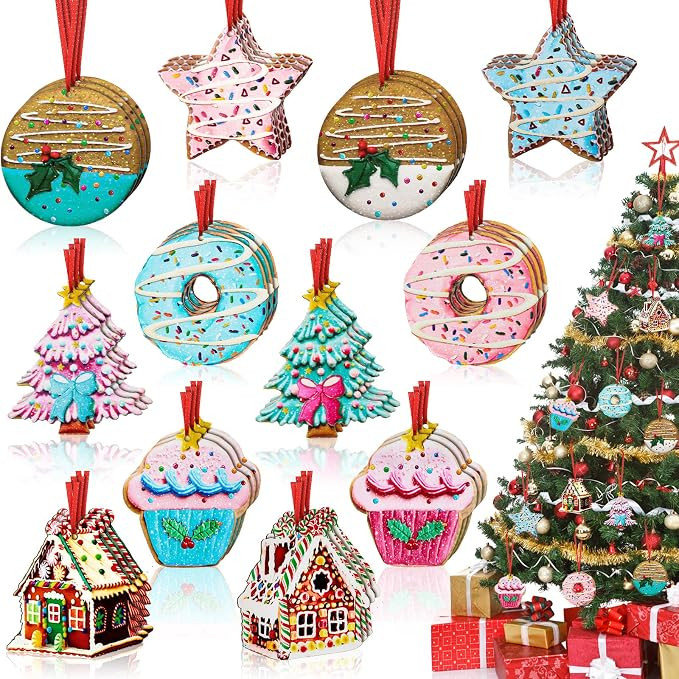 36 Pieces Christmas Tree Ornaments Gingerbread House Wood Hanging Ornaments Set Donut Ornaments C... | Amazon (US)