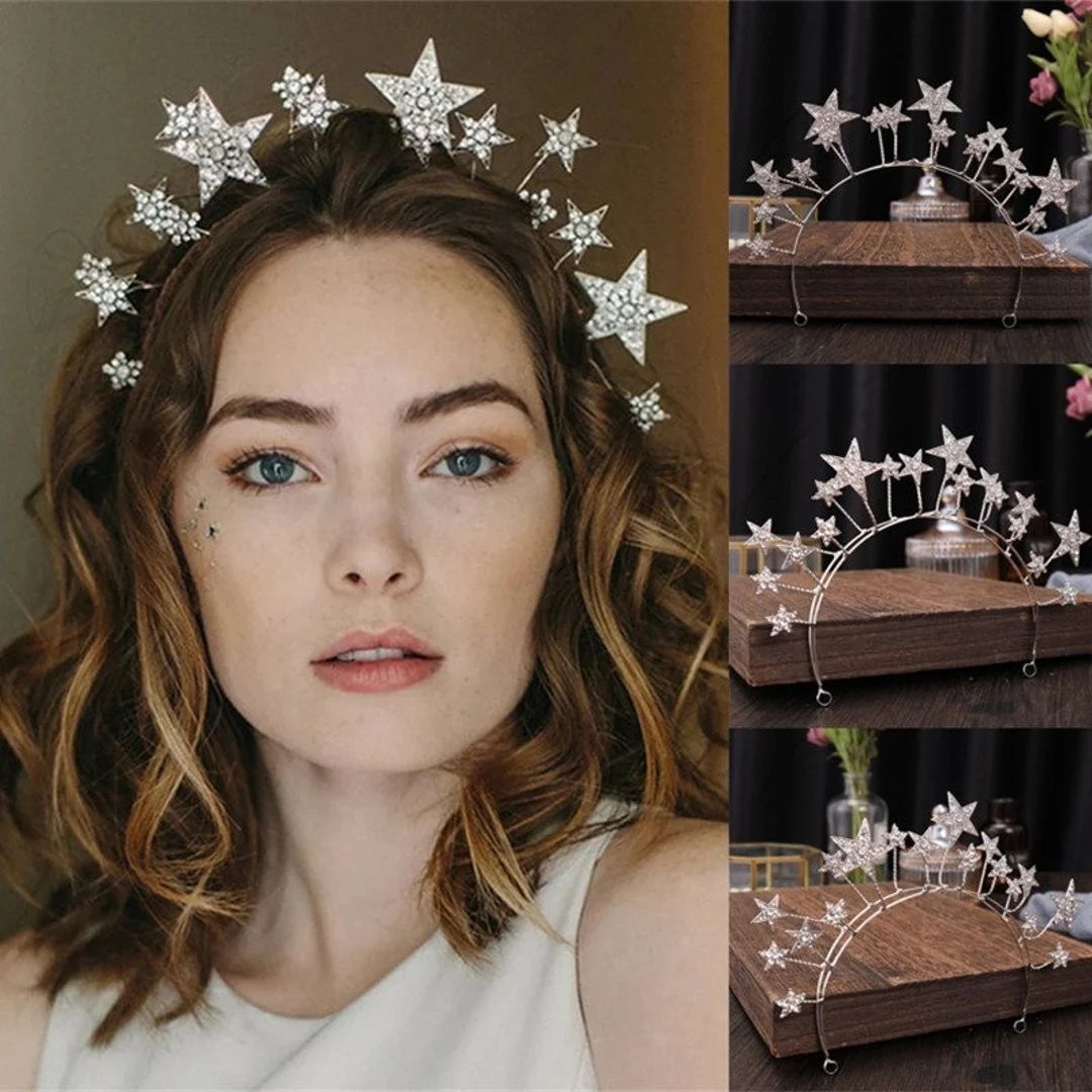 Silver star tiara | Celestial crystal crown | Star crystal headpiece | Rhinestone Star Crown Tiar... | Etsy (US)
