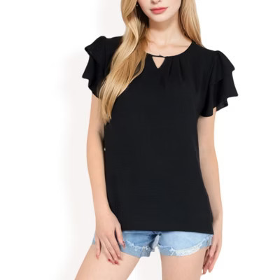 Anna-Kaci Women's Flutter Sleeve Top with Keyhole Neckline and Lightweight Textured Fabric- Black,Medium | Target