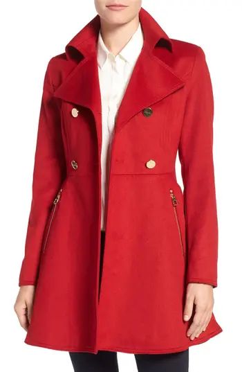 Petite Women's Laundry By Shelli Segal Double Breasted Fit & Flare Coat, Size X-Small P - Red | Nordstrom