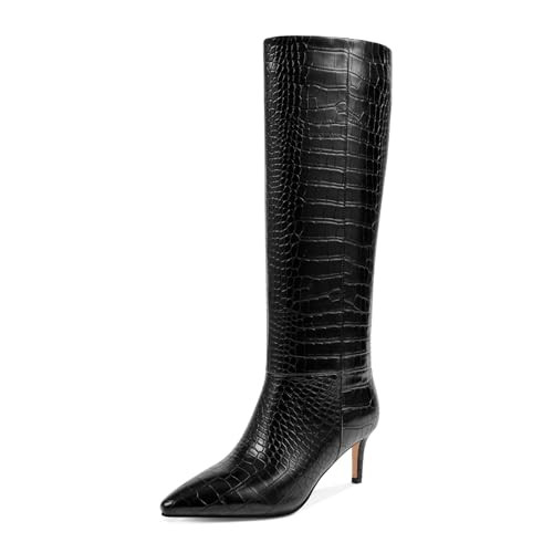 wetkiss Black Crocodile Knee High Boots for Women Womens Snake Knee High Boots Pointed Toe Tall Black Kitten Heel Boot | Amazon (US)