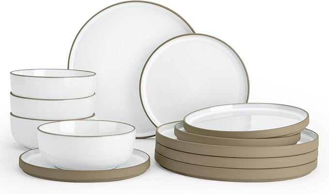 Famiware Nature Plates and Bowls Sets, 12 Pieces Stoneware Dinnerware Sets, Dishes Set for 4, Dis... | Amazon (US)