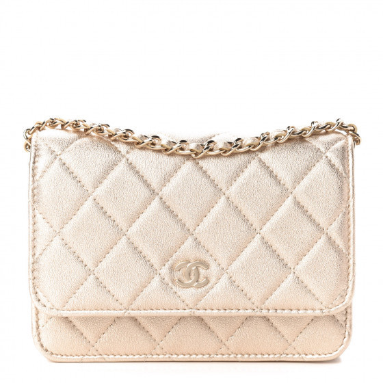CHANEL Metallic Lambskin Quilted Mini Wallet On Chain WOC Gold | Fashionphile
