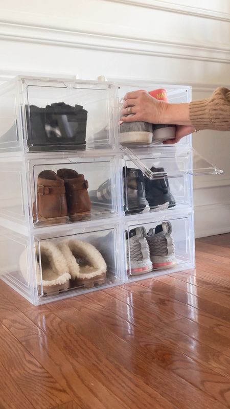 Stacking shoe storage organizers with magnetic door. Great for large sized shoes. Booties or wedge shoes fit perfectly. #organized #shoestorage #closetorganization

#LTKfindsunder50 #LTKsalealert #LTKhome