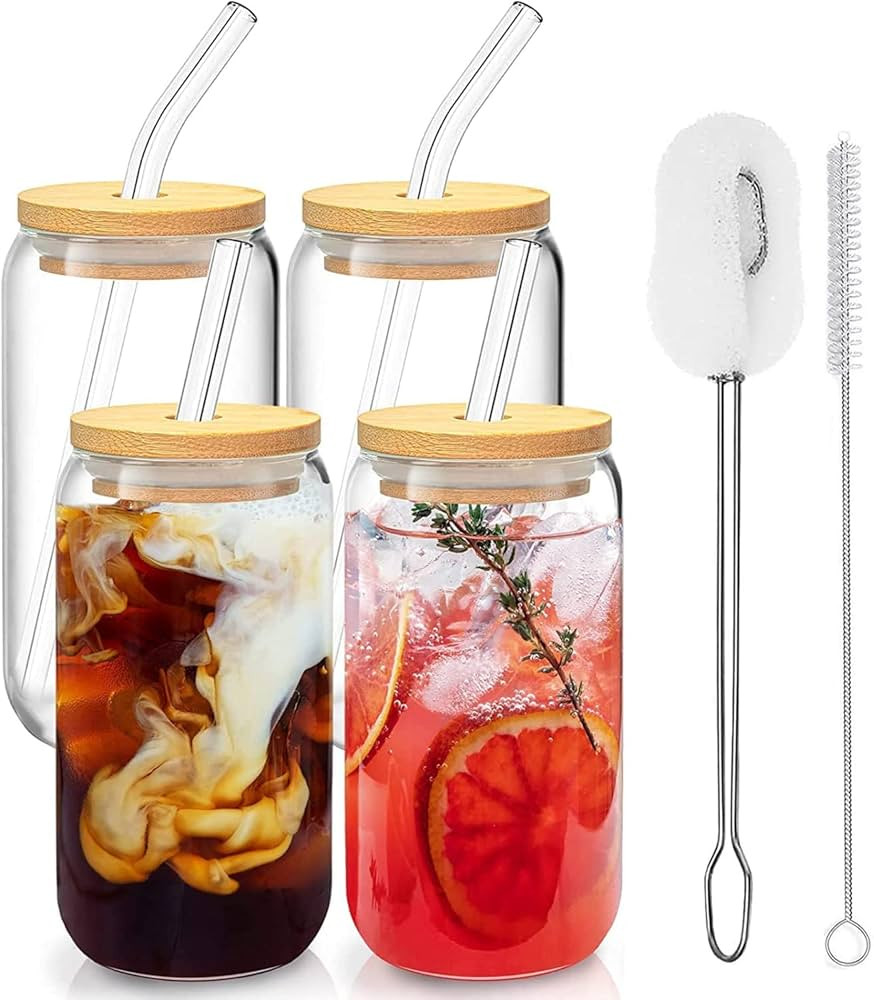 ALINK Beer Can Glasses with Lids and Glass Straws 4pcs Set, 16 oz Pint Dink Glasses Can Shaped Tu... | Amazon (UK)