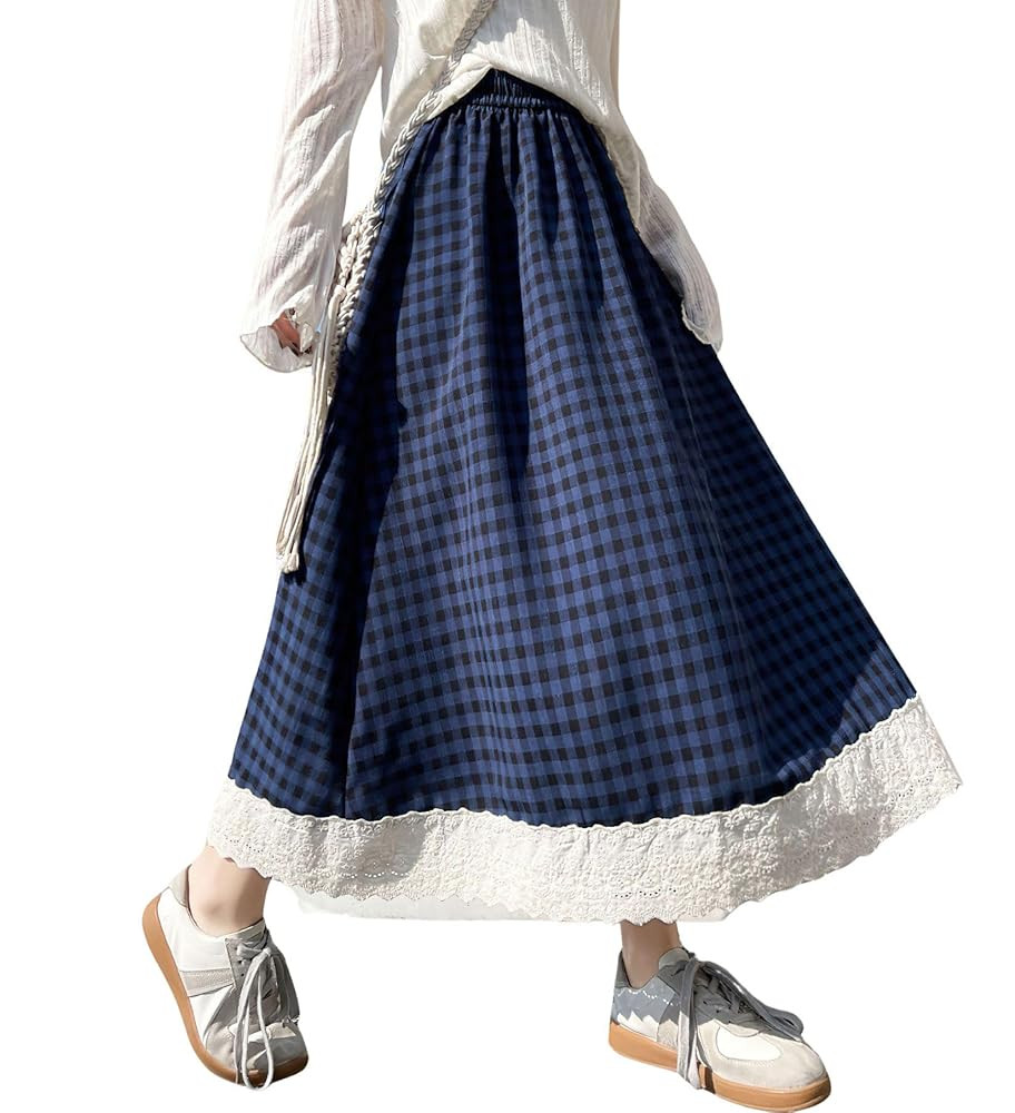 chouyatou Women's Casual Elastic Waist Plaid Skirt Lace Eyelet Ruffle Skirt Gingham Swing Midi Lo... | Amazon (US)