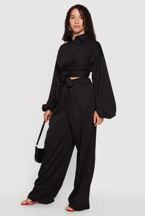 Faux Wrap Balloon Sleeve Cropped Shirt | Rainbow Shops