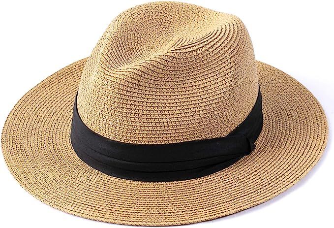 Women Sun Hat Summer Panama Straw Hat Fedora Beach Hat for Men Wide Brim UV Protection Hats UPF 5... | Amazon (US)