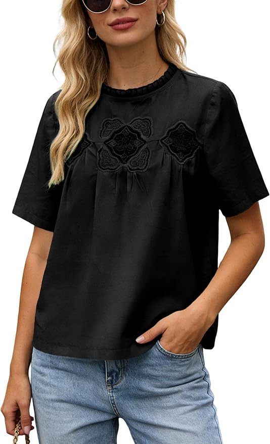 Women's Cotton Lace Flared Blouse Short Sleeve Crew Neck Babydoll Top Mesh Swing Tshirts with Del... | Amazon (US)