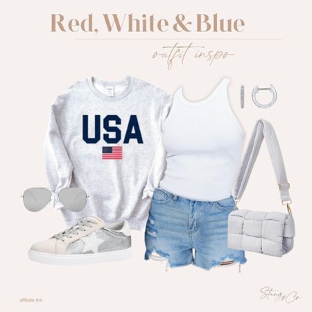 This red, white and blue outfit inspiration includes a white tank paired with cutoff denim shorts and a USA sweatshirt. I’ve added sneakers with star detail, silver aviator sunglasses, a puffer crossbody bag, and silver huggie hoop earrings.

Fourth of July, 4th, patriotic outfit, Memorial Day, ootd, summer outfit, tall friendly outfit, amazon fashion, ootd

#LTKStyleTip #LTKShoeCrush #LTKFindsUnder50