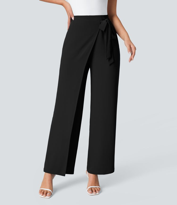High Waisted Tie Side Invisible Zipper Wide Leg Work Trousers | HALARA