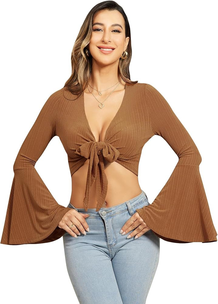 Verdusa Women's Long Bell Sleeve V Neck Tie Front Rib Knit Crop Top Blouse | Amazon (US)