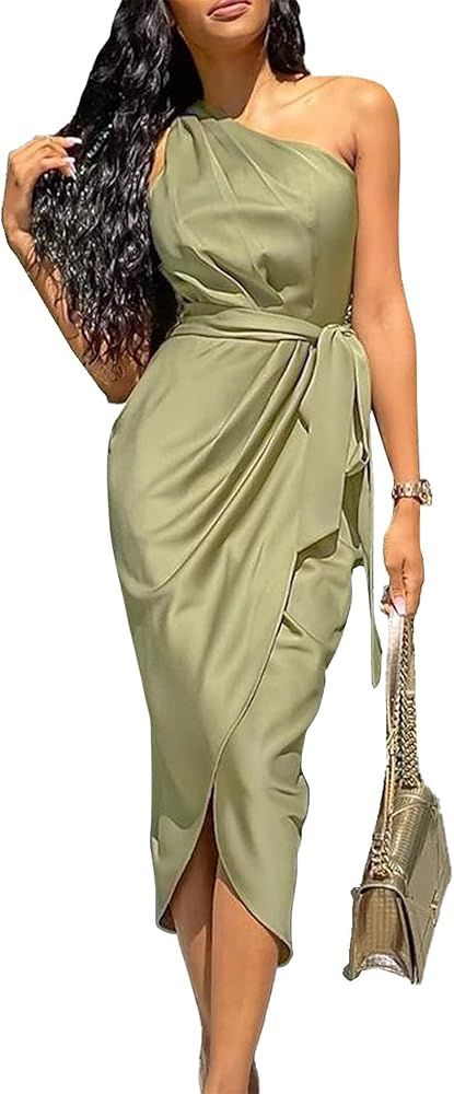 PRETTYGARDEN Women's 2024 Summer Ruched Bodycon Dress Sleeveless One Shoulder Wrap Satin Belted C... | Amazon (US)