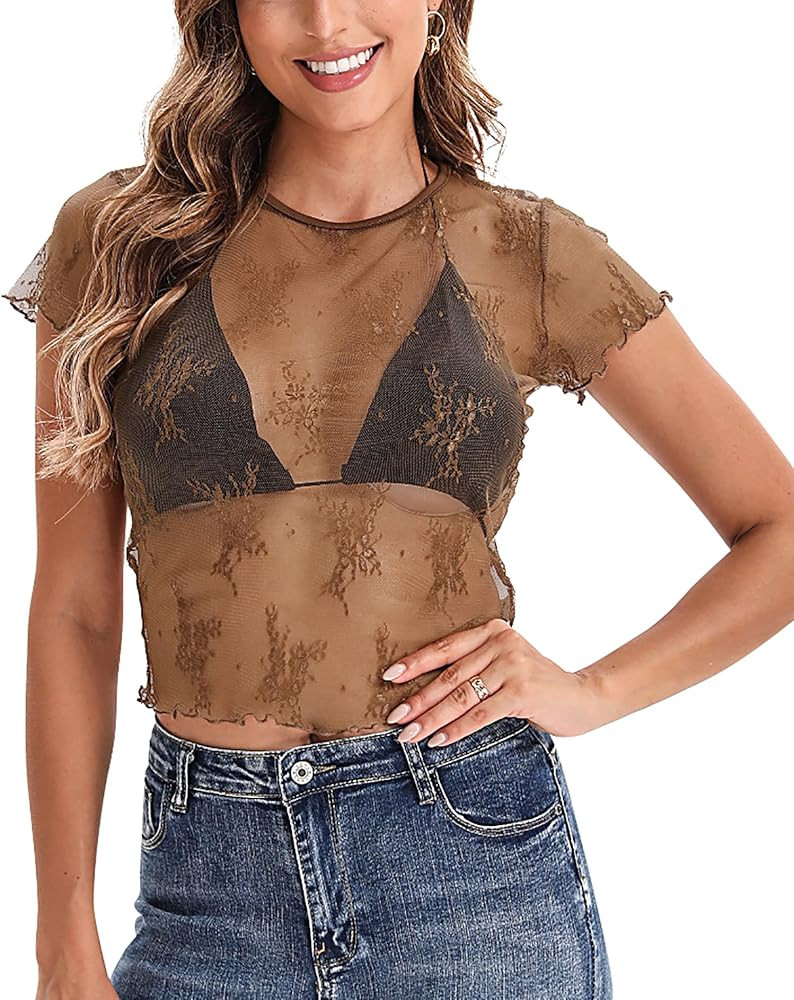 Cioatin Women 2024 Sheer Floral Lace Mesh Short Sleeve Crop Tops Crew Neck Y2K See Through Summer... | Amazon (US)