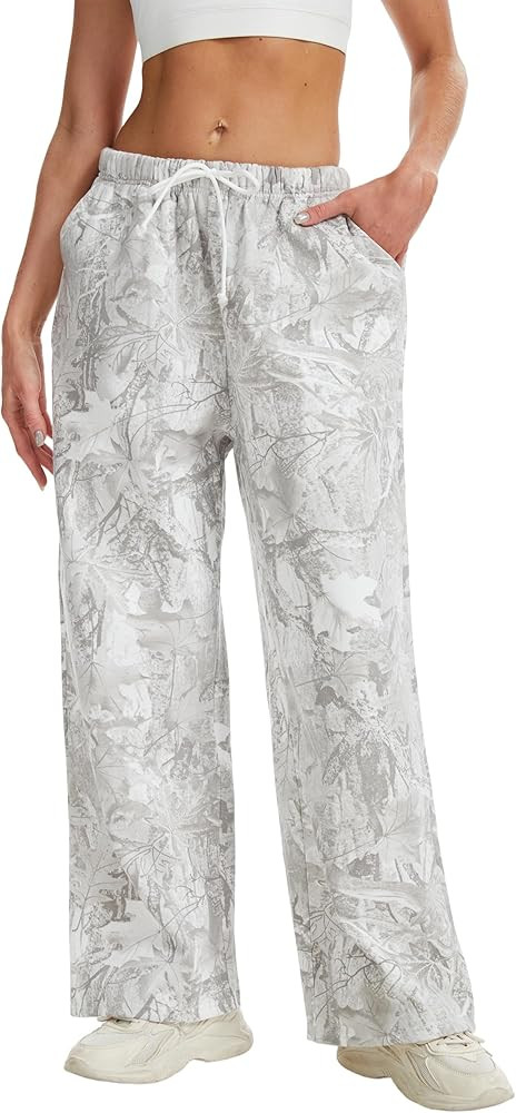 Women Wide Leg Camo Sweatpants High Waisted Drawstring Baggy Jogger Fleece Loose Sweat Pants with... | Amazon (US)