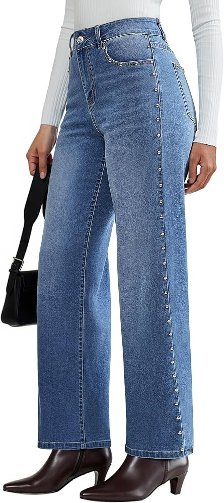 luvamia Women Jeans Wide Leg High Waisted Trendy Side Studded Embellished Distressed Stretchy Den... | Amazon (US)