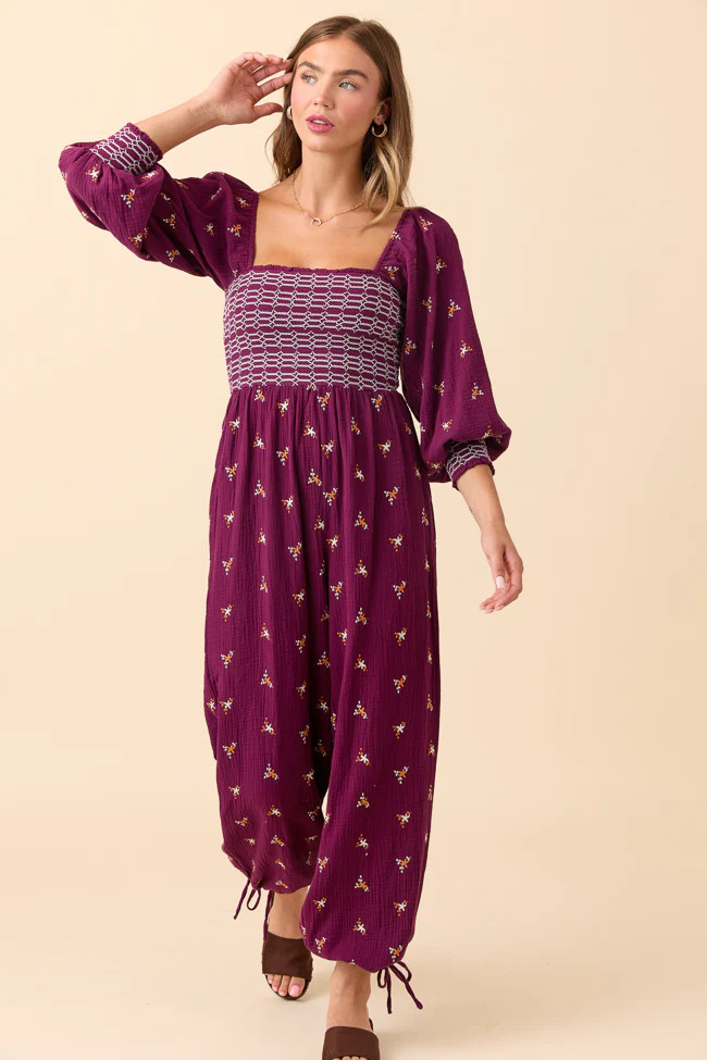 Dress To Impress Burgundy Floral Stitched Smocked Top Jumpsuit | Pink Lily