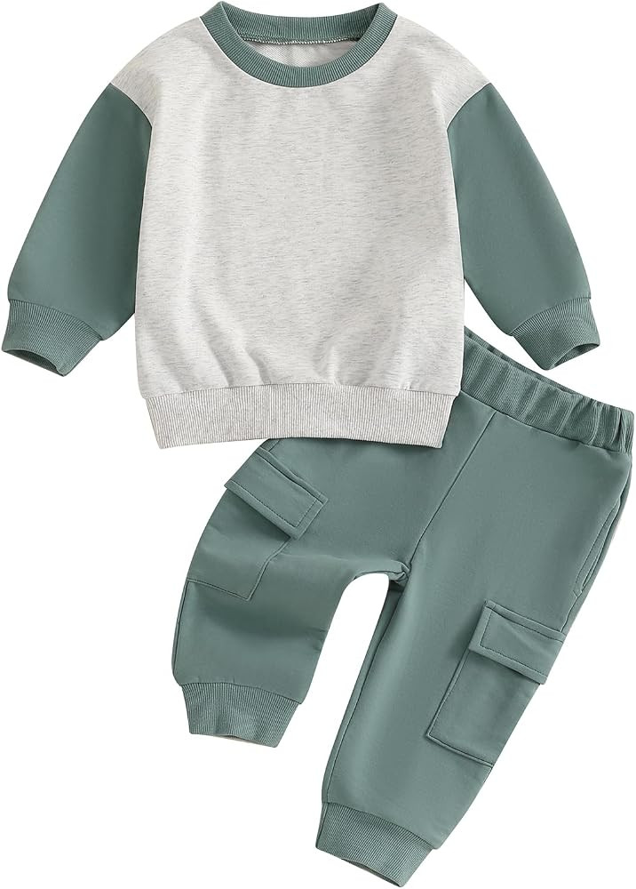 Madjtlqy Toddler Baby Boy Fall Outfit Color Block Long Sleeve Sweatshirt Pullover Tops + Pants 2P... | Amazon (US)