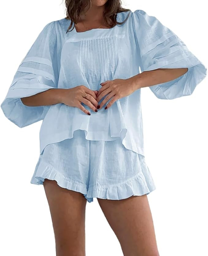 Womens 2 Piece Short Set Puff Long Sleeve Pleated Top and Ruffle Shorts Cotton Pajama Sets | Amazon (US)