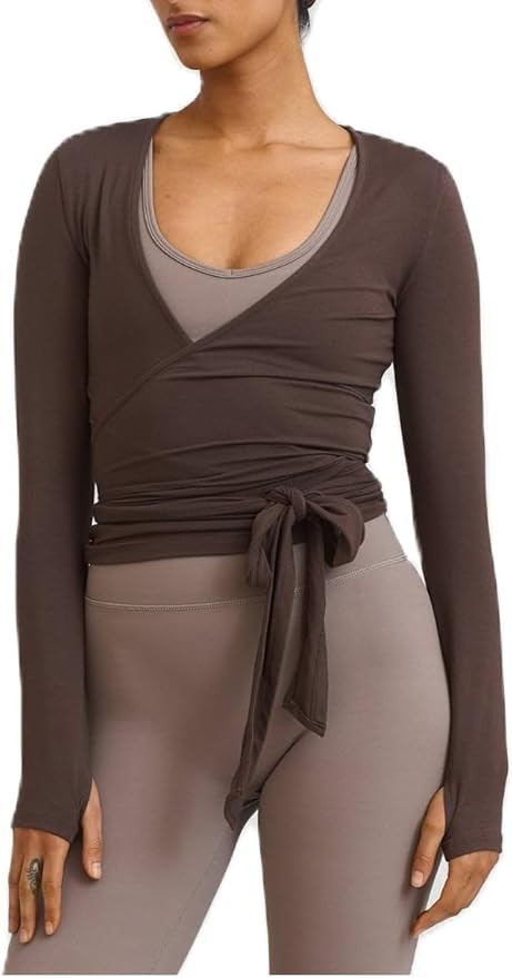 Women Y2k Long Sleeve Wrap Crop Top Ballet Pilates Workout Yoga Tie Front Shirts V Neck Slim Fit ... | Amazon (US)